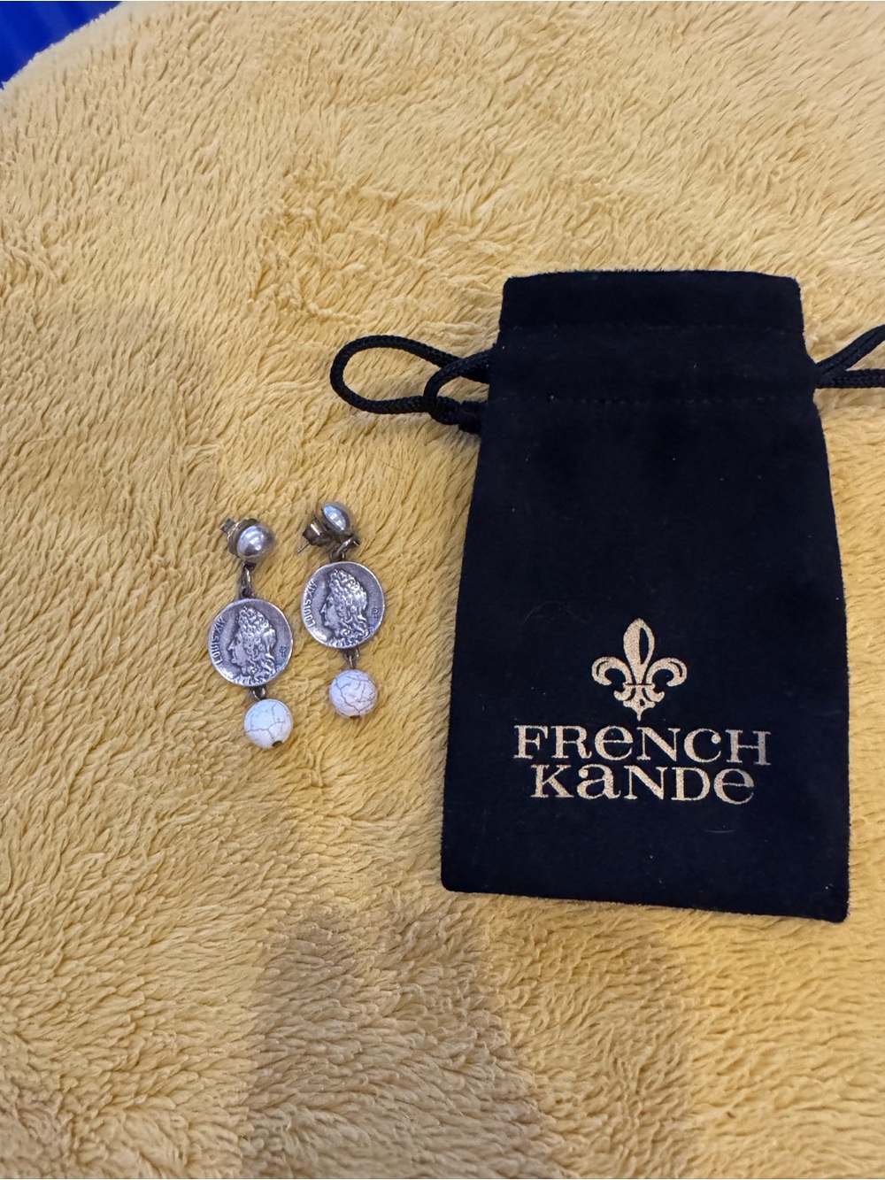 French Kande Silver Coin & White Turquoise Stone Drop Earrings